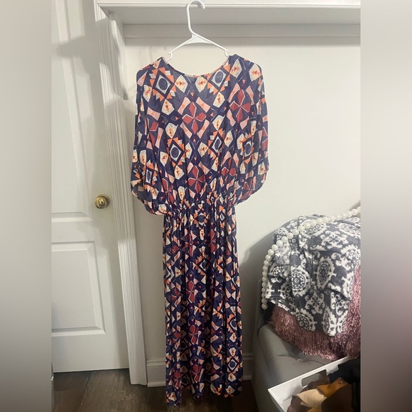 FINAL PRICE World Market Blue Geometric Maxi Dress V-Neck Cinch Waist - Picture 5 of 5